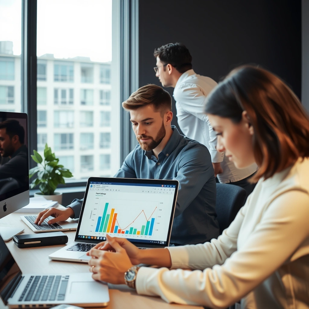 Marketing professionals working with analytics and digital campaigns